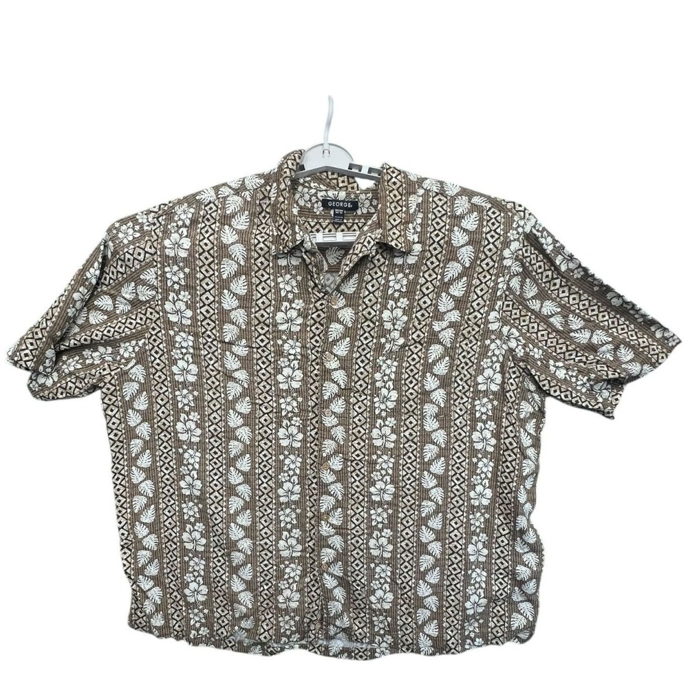 George Button Down Shirt Mens 3XL Blue Brown Rayon Hawaiian Tropical‎ Lot of 2